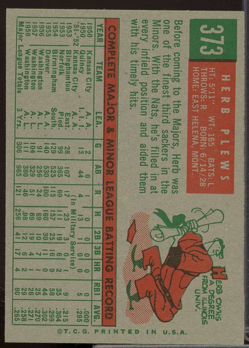 Herb Plews Card 1959 Topps #373  Image 2