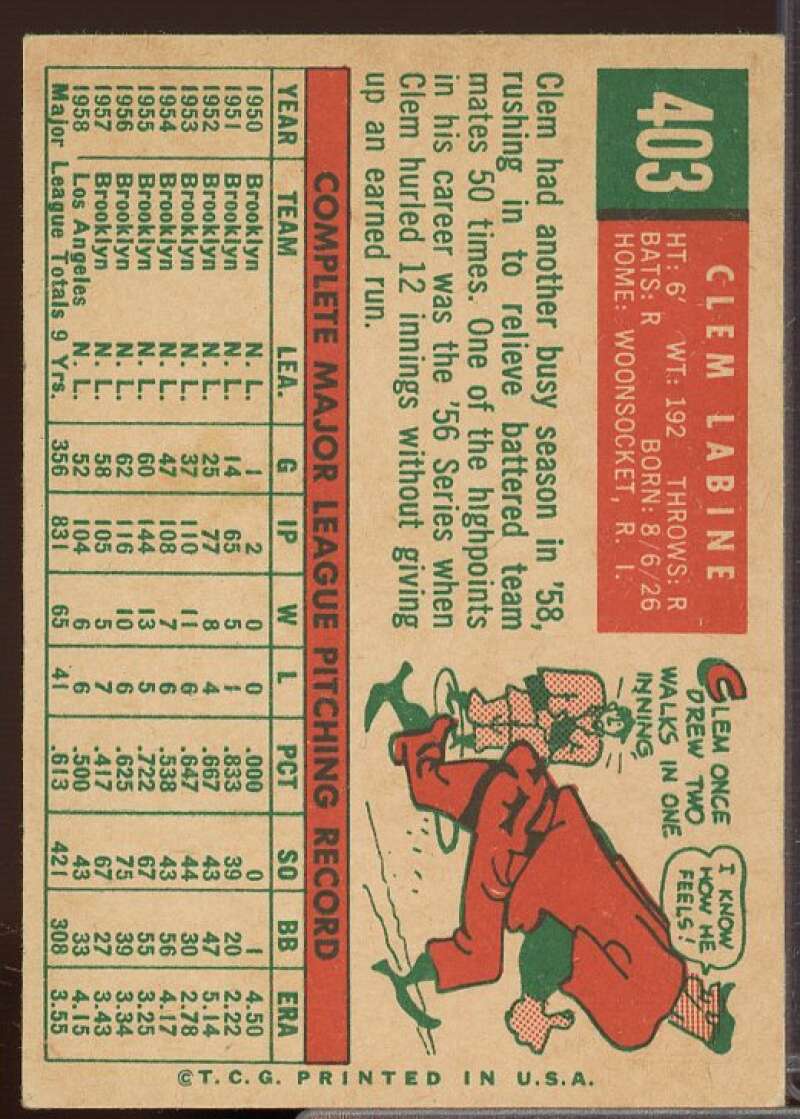 Clem Labine Card 1959 Topps #403  Image 2