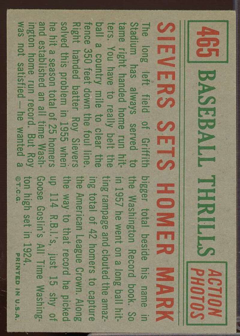 Roy Sievers BT/Homer Mark Card 1959 Topps #465  Image 2