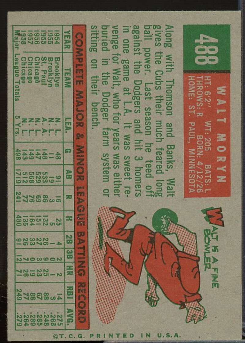 Walt Moryn Card 1959 Topps #488  Image 2