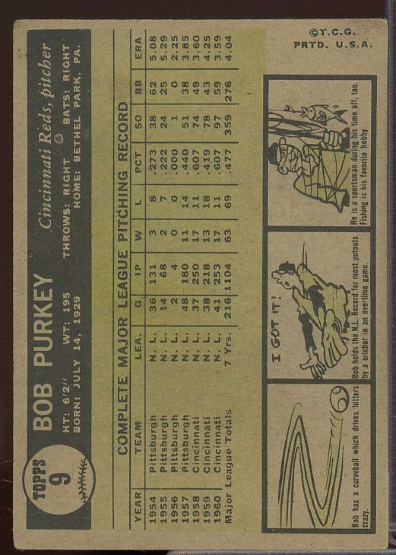 Bob Purkey Card 1961 Topps #9  Image 2