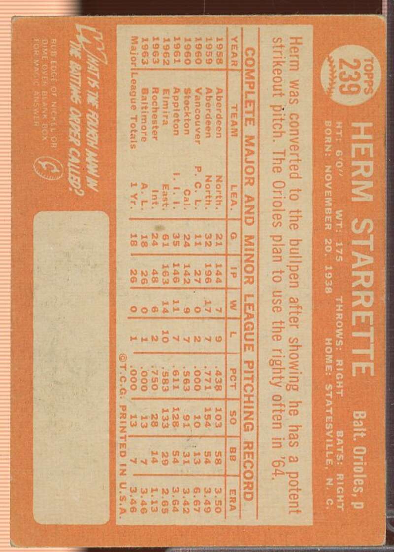 Herm Starrette Rookie Card 1964 Topps #239  Image 2