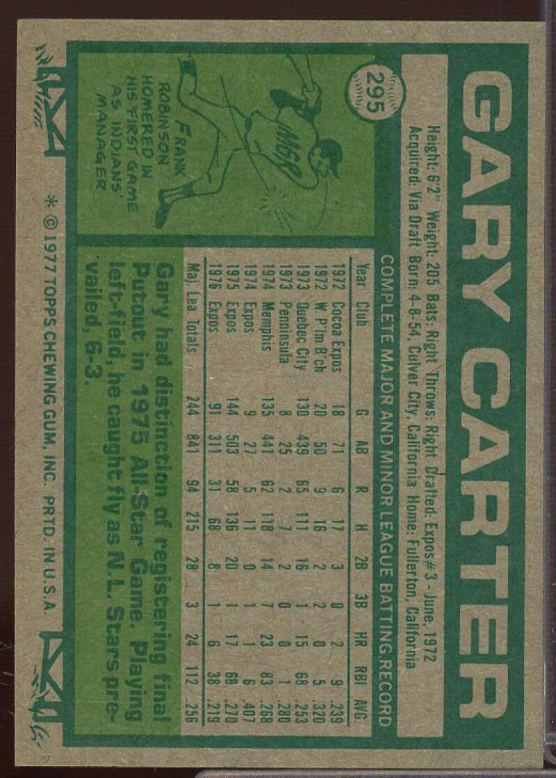 Gary Carter Card 1977 Topps #295  Image 2