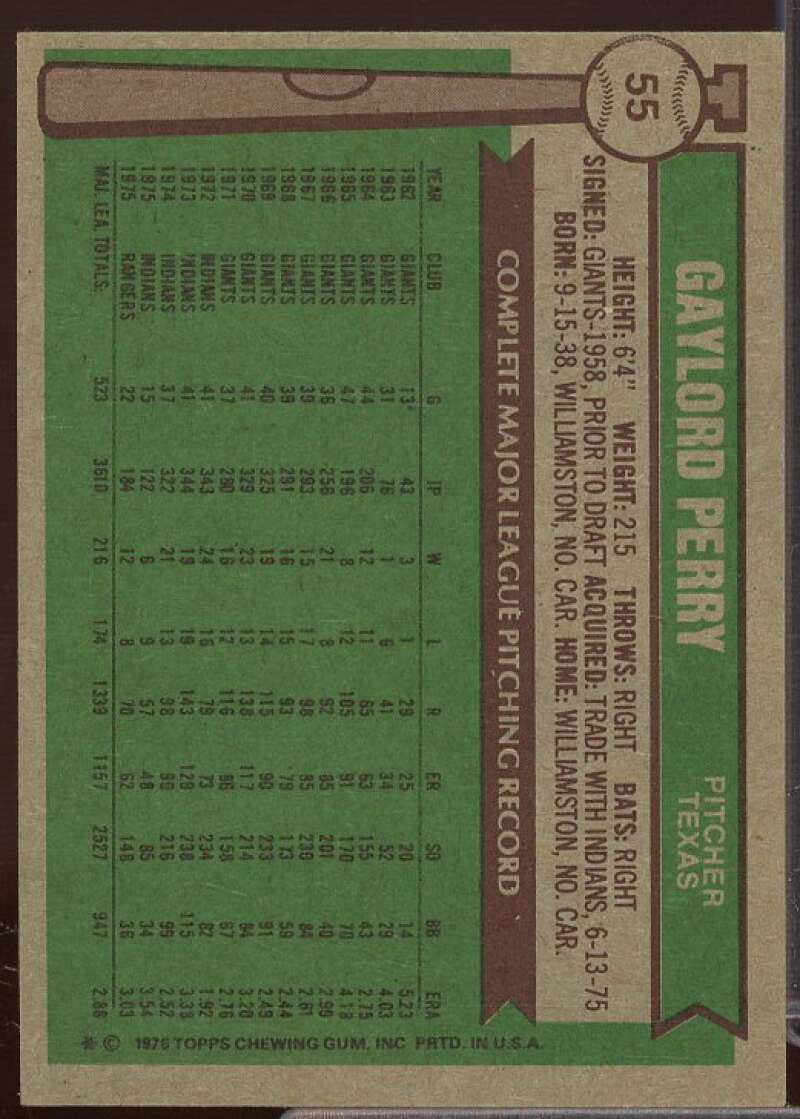 Gaylord Perry Card 1976 Topps #55  Image 2