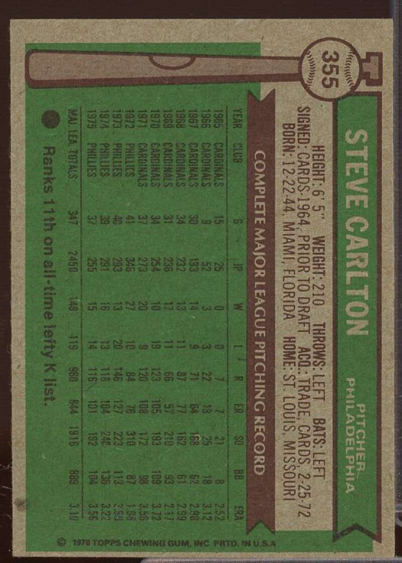 Steve Carlton Card 1976 Topps #355  Image 2
