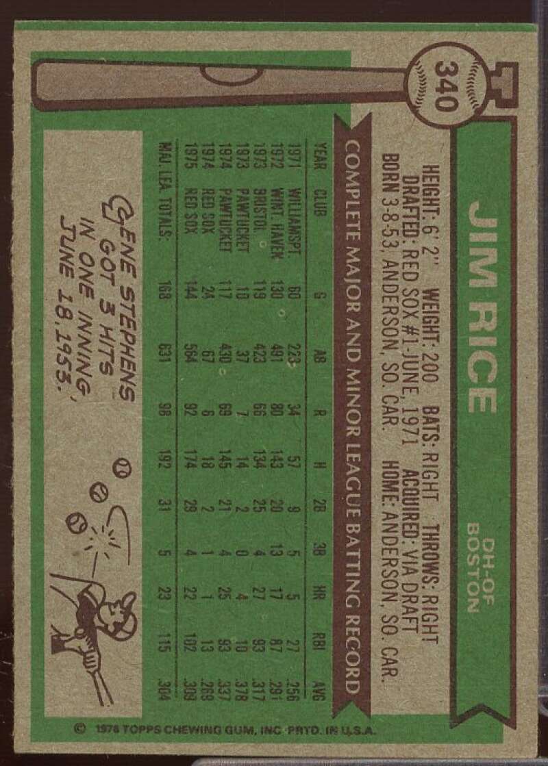 Jim Rice Card 1976 Topps #340  Image 2