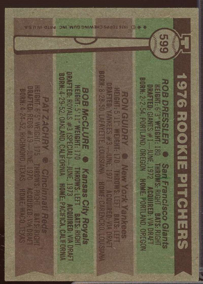 Rookie Pitchers/Rob Dressler RC/ Guidry RC/McClure RC/Zachry RC 1976 Topps #599  Image 2