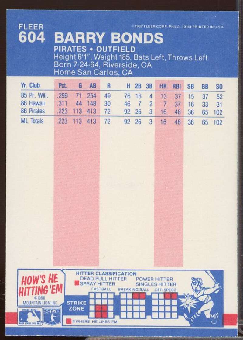 Barry Bonds Rookie Card 1987 Fleer #604  Image 2