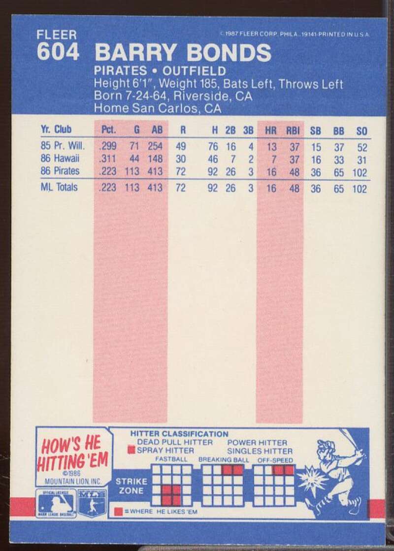 Barry Bonds Rookie Card 1987 Fleer #604  Image 2