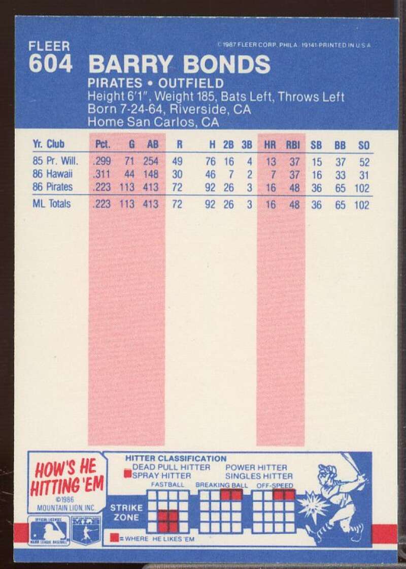 Barry Bonds Rookie Card 1987 Fleer #604  Image 2