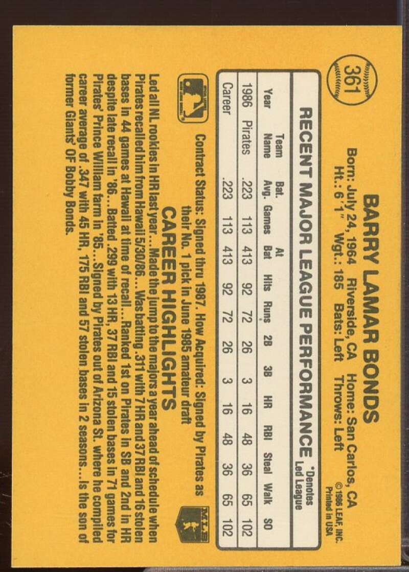 Barry Bonds Rookie Card 1987 Donruss #361  Image 2