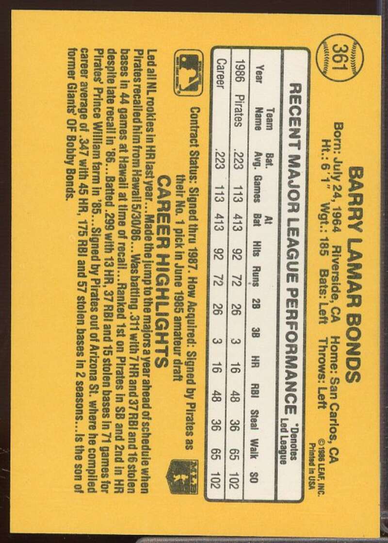 Barry Bonds Rookie Card 1987 Donruss #361  Image 2