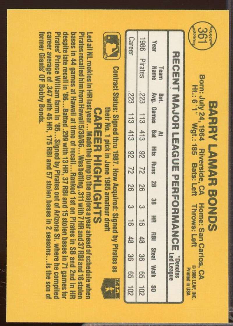 Barry Bonds Rookie Card 1987 Donruss #361  Image 2