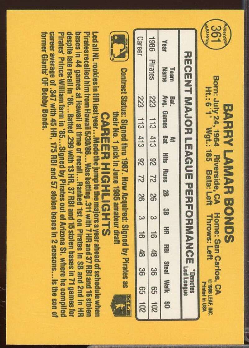 Barry Bonds Rookie Card 1987 Donruss #361  Image 2