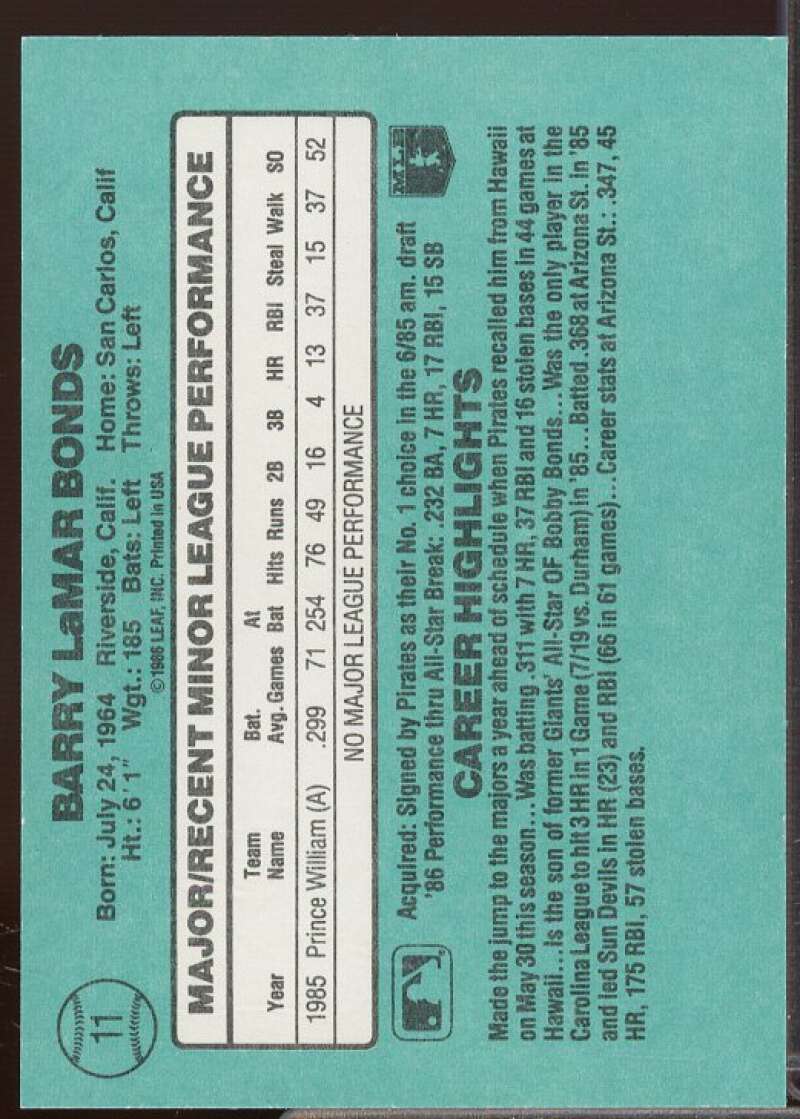 Barry Bonds Rookie Card 1986 Donruss Rookies #11  Image 2