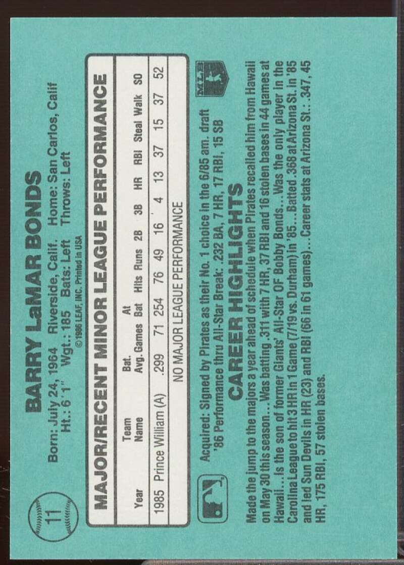 Barry Bonds Rookie Card 1986 Donruss Rookies #11  Image 2