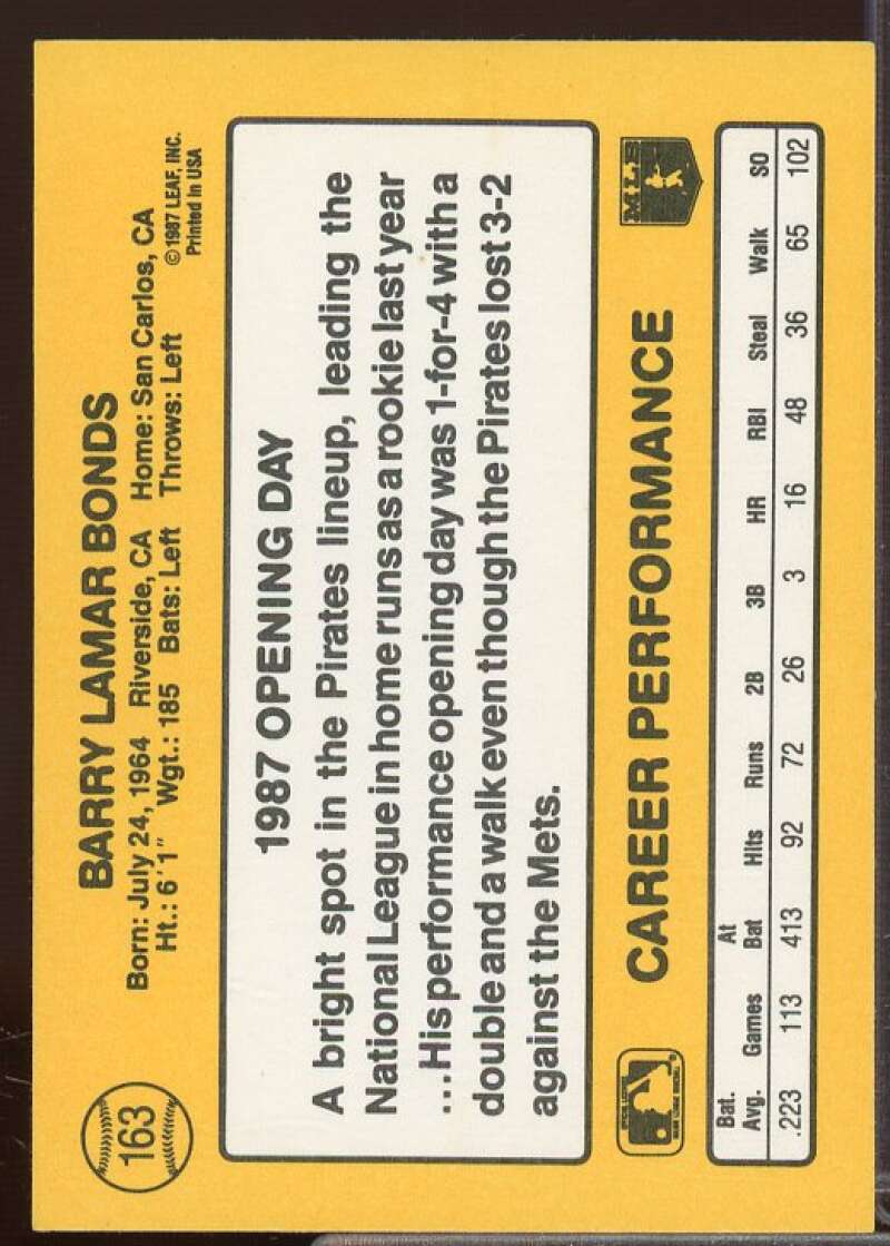 Barry Bonds Rookie Card 1987 Donruss Opening Day #163B  Image 2