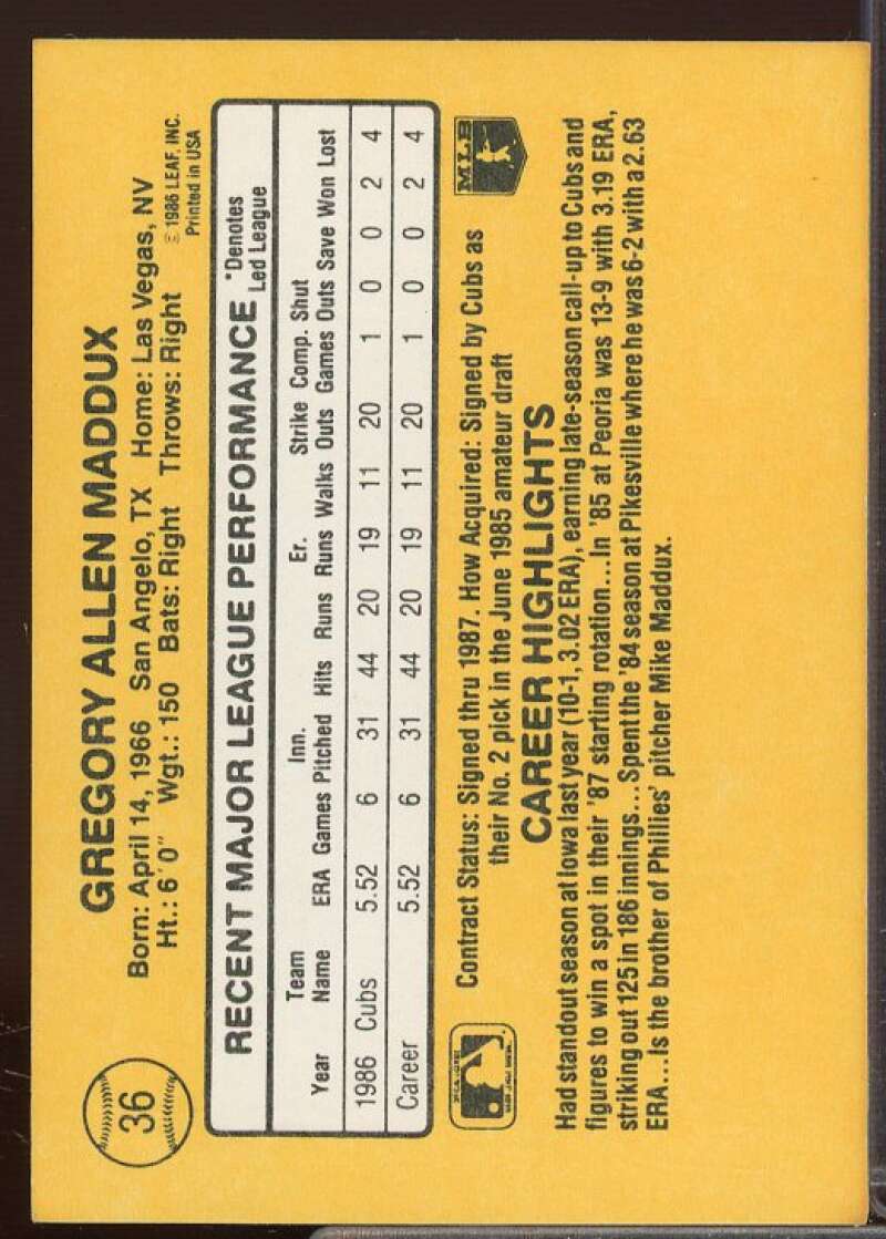 Greg Maddux Rookie Card 1987 Donruss #36  Image 2
