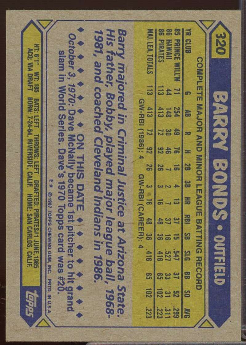 Barry Bonds Rookie Card 1987 Topps #320  Image 2