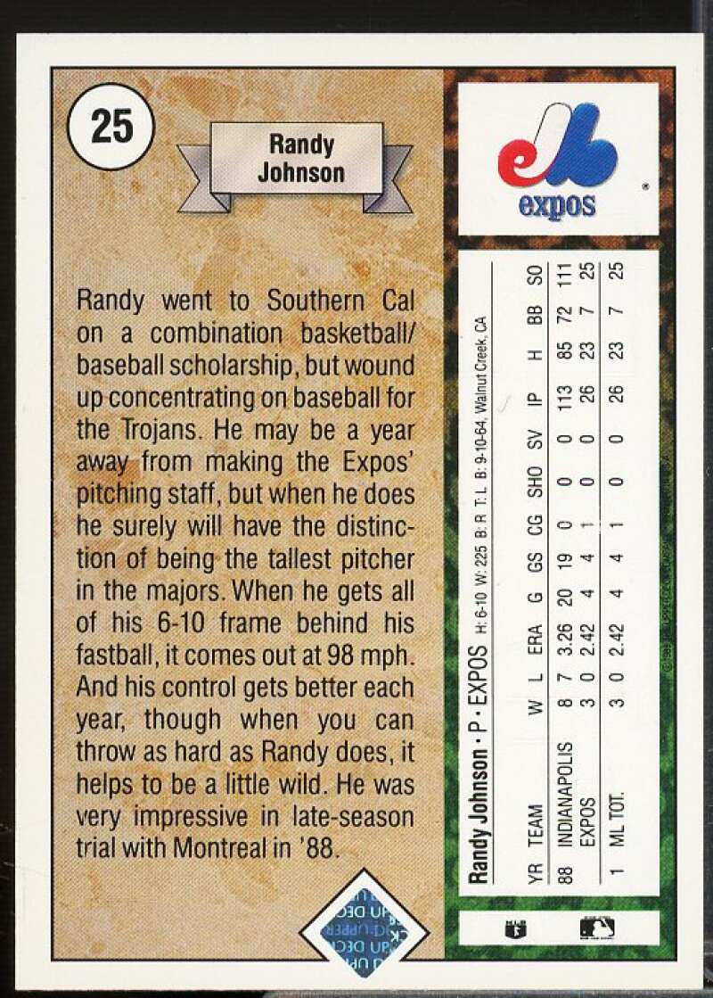 Randy Johnson Rookie Card 1989 Upper Deck #25  Image 2