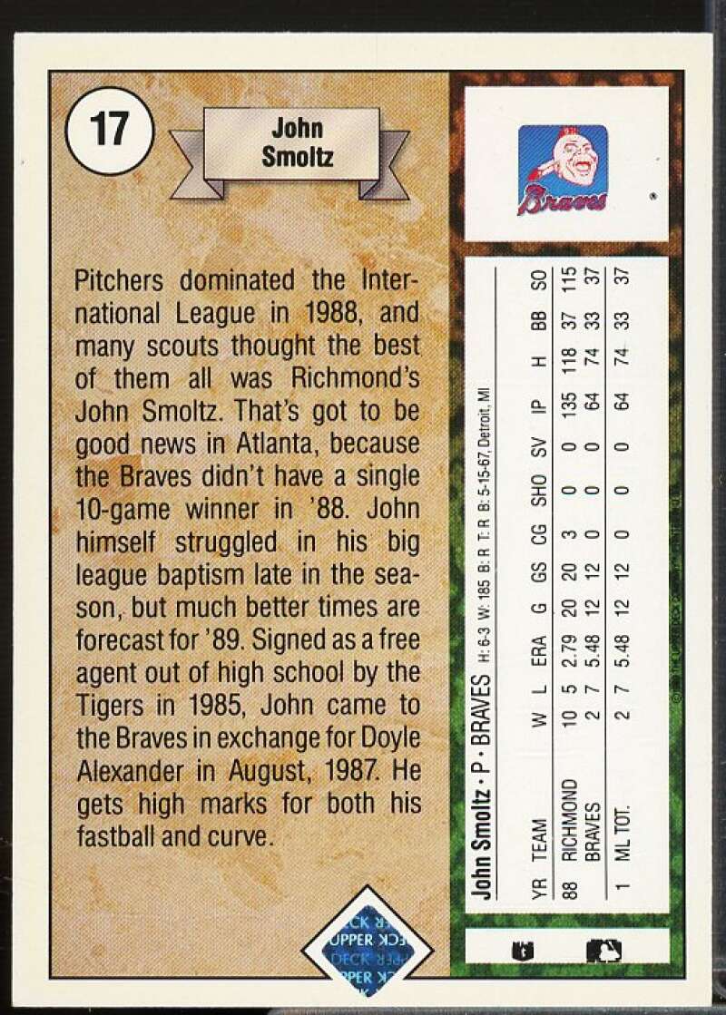 John Smoltz Rookie Card 1989 Upper Deck #17  Image 2