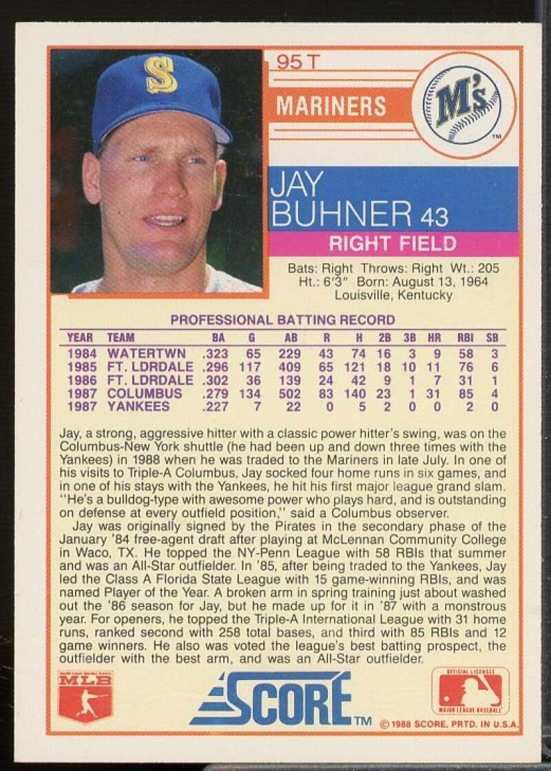 Jay Buhner Rookie Card 1988 Score Rookie/Traded #95T  Image 2