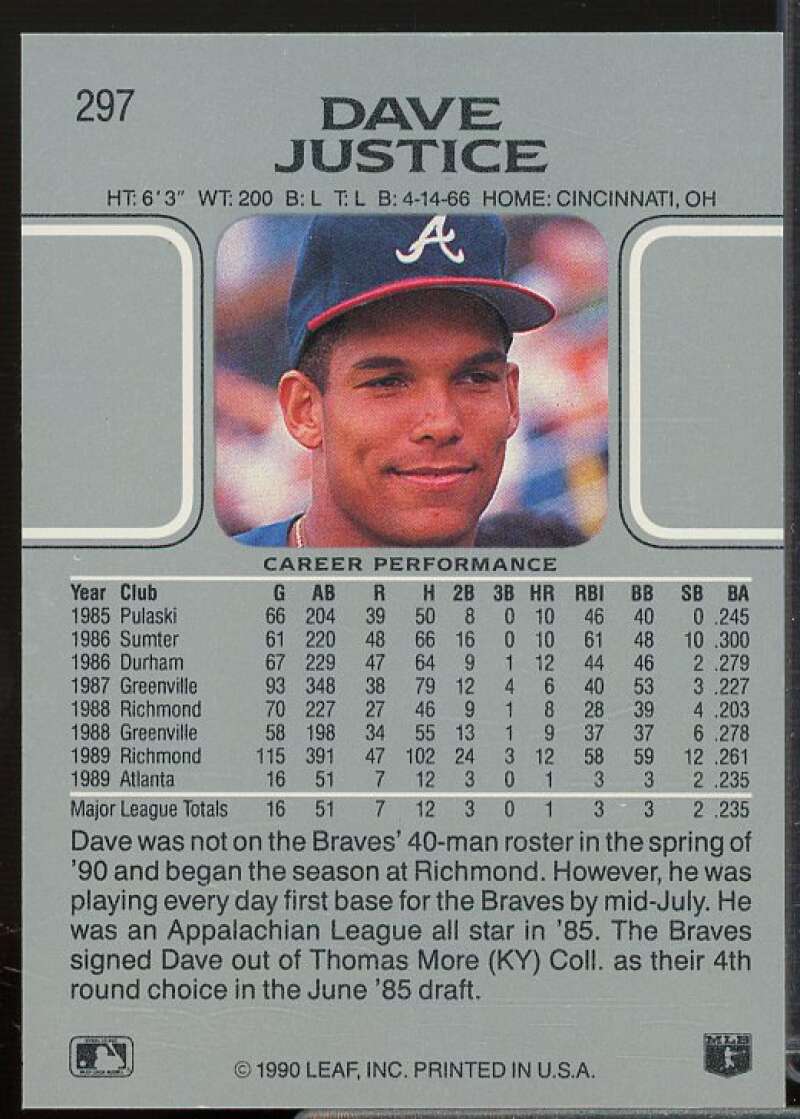 David Justice Rookie Card 1990 Leaf #297  Image 2