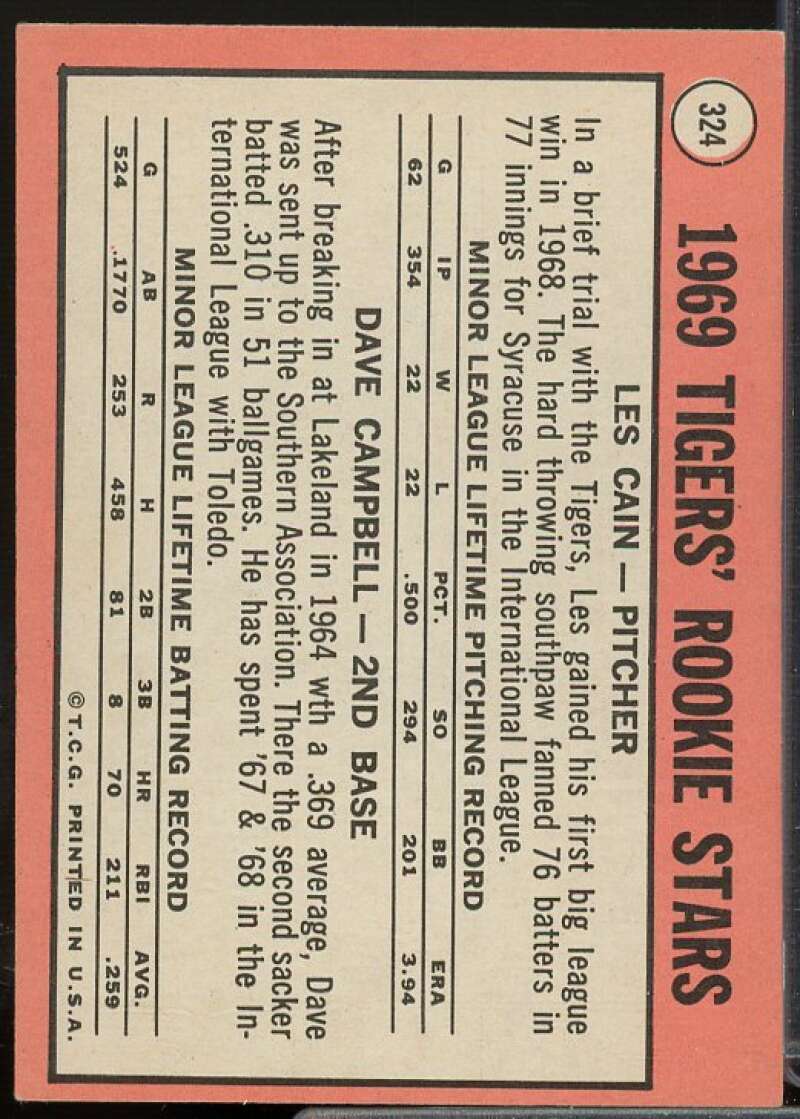 Rookie Stars/Les Cain RC/Dave Campbell Rookie Card 1969 Topps #324  Image 2