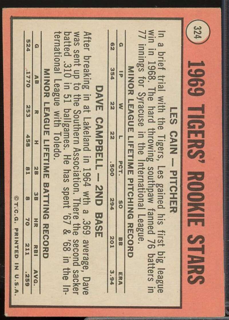 Rookie Stars/Les Cain RC/Dave Campbell Rookie Card 1969 Topps #324  Image 2