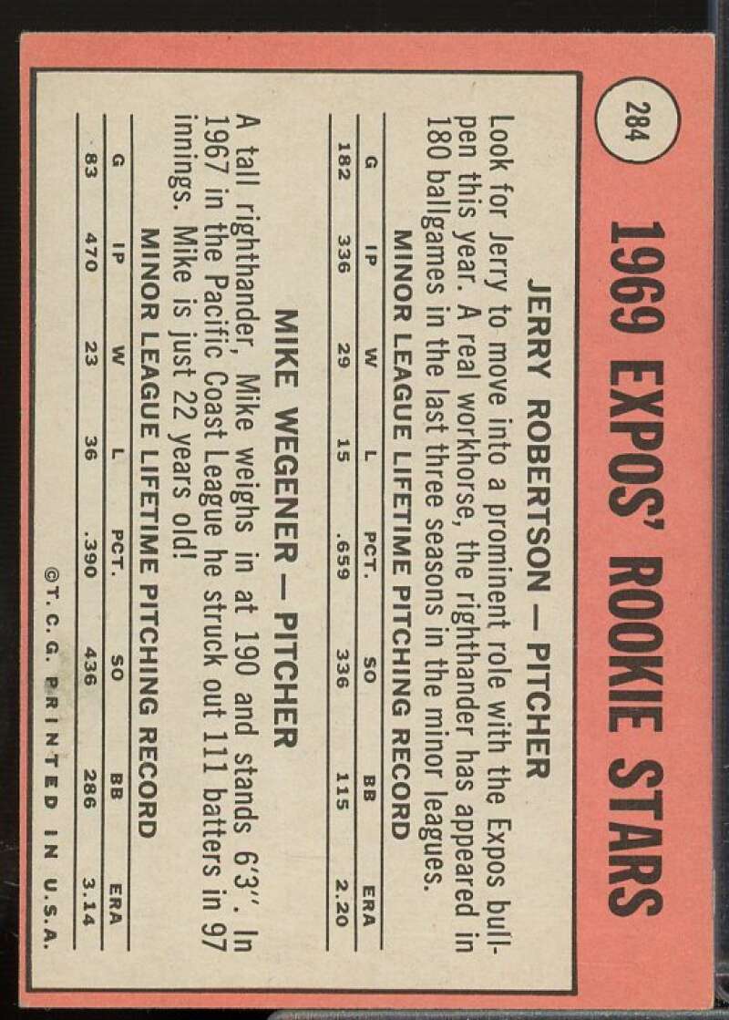 Rookie Stars/Jerry Robertson RC/Mike Wegener Rookie Card 1969 Topps #284  Image 2