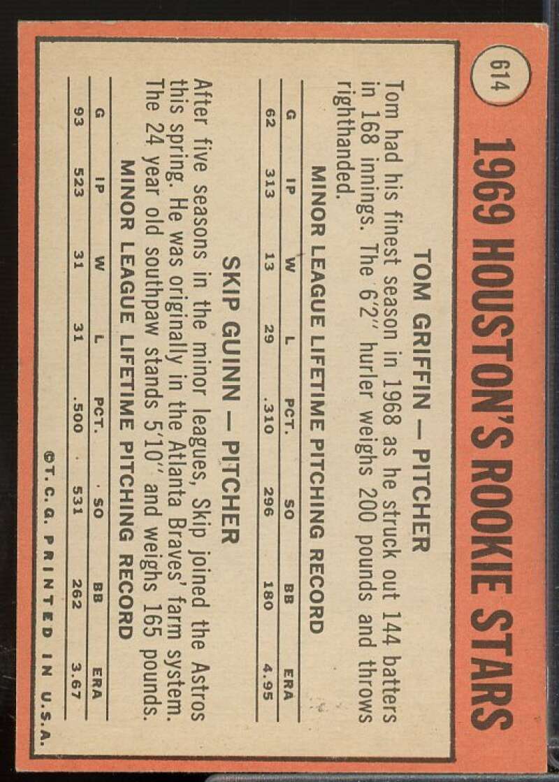 Rookie Stars/Tom Griffin RC/Skip Guinn Rookie Card 1969 Topps #614  Image 2
