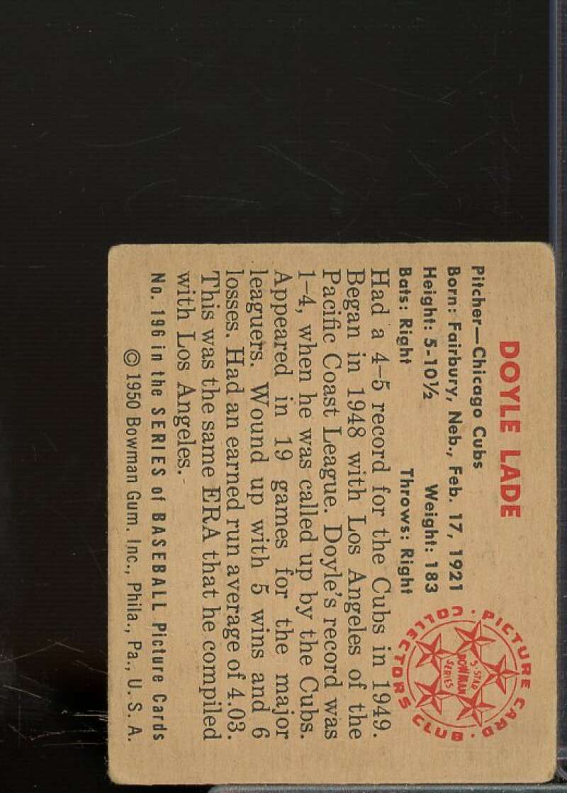 Doyle Lade Card 1950 Bowman #196  Image 2