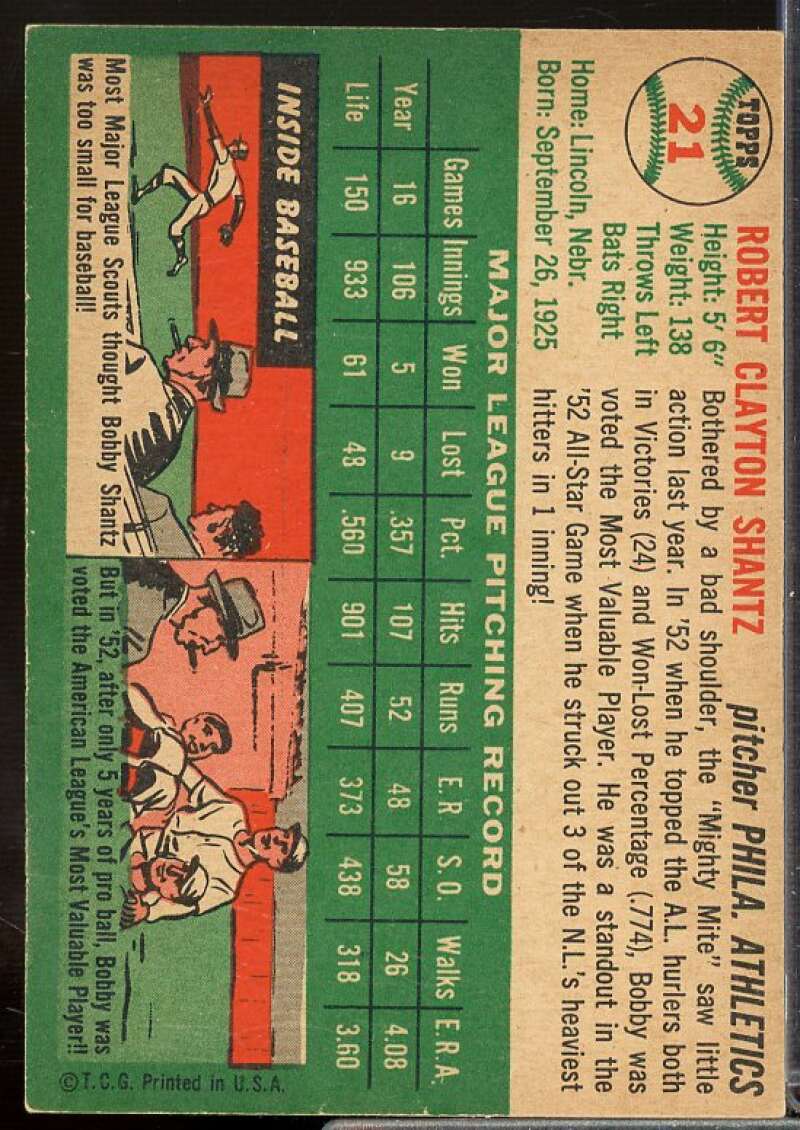 Bobby Shantz Card 1954 Topps #21  Image 2