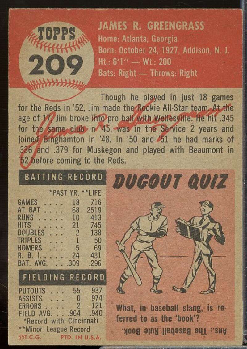Jim Greengrass Rookie Card 1953 Topps #209  Image 2