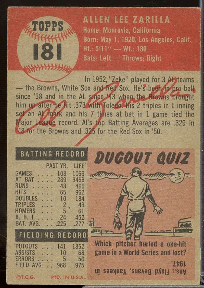 Al Zarilla Card 1953 Topps #181  Image 2