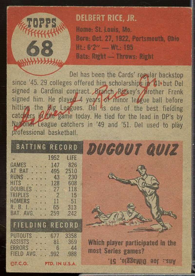 Del Rice Card 1953 Topps #68  Image 2