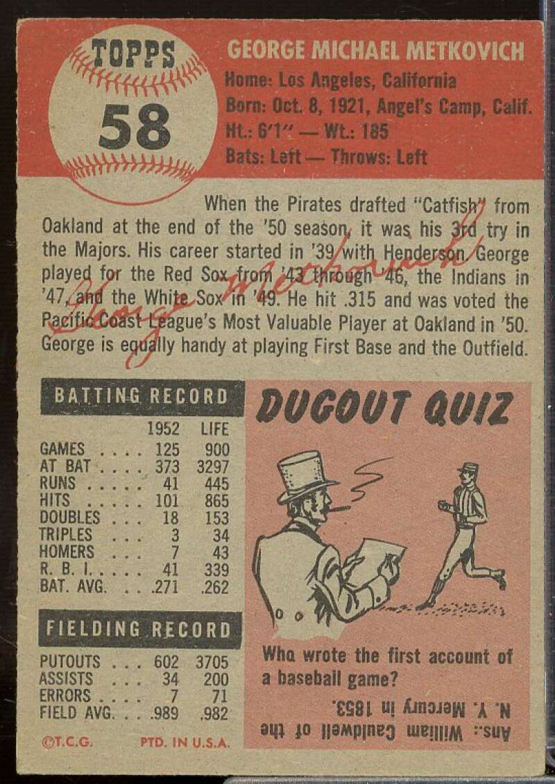 George Metkovich Card 1953 Topps #58  Image 2