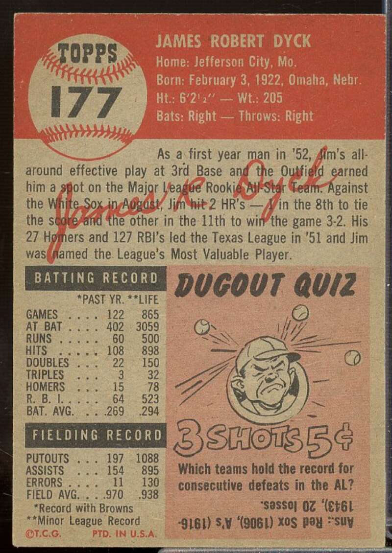 Jim Dyck Rookie Card 1953 Topps #177  Image 2