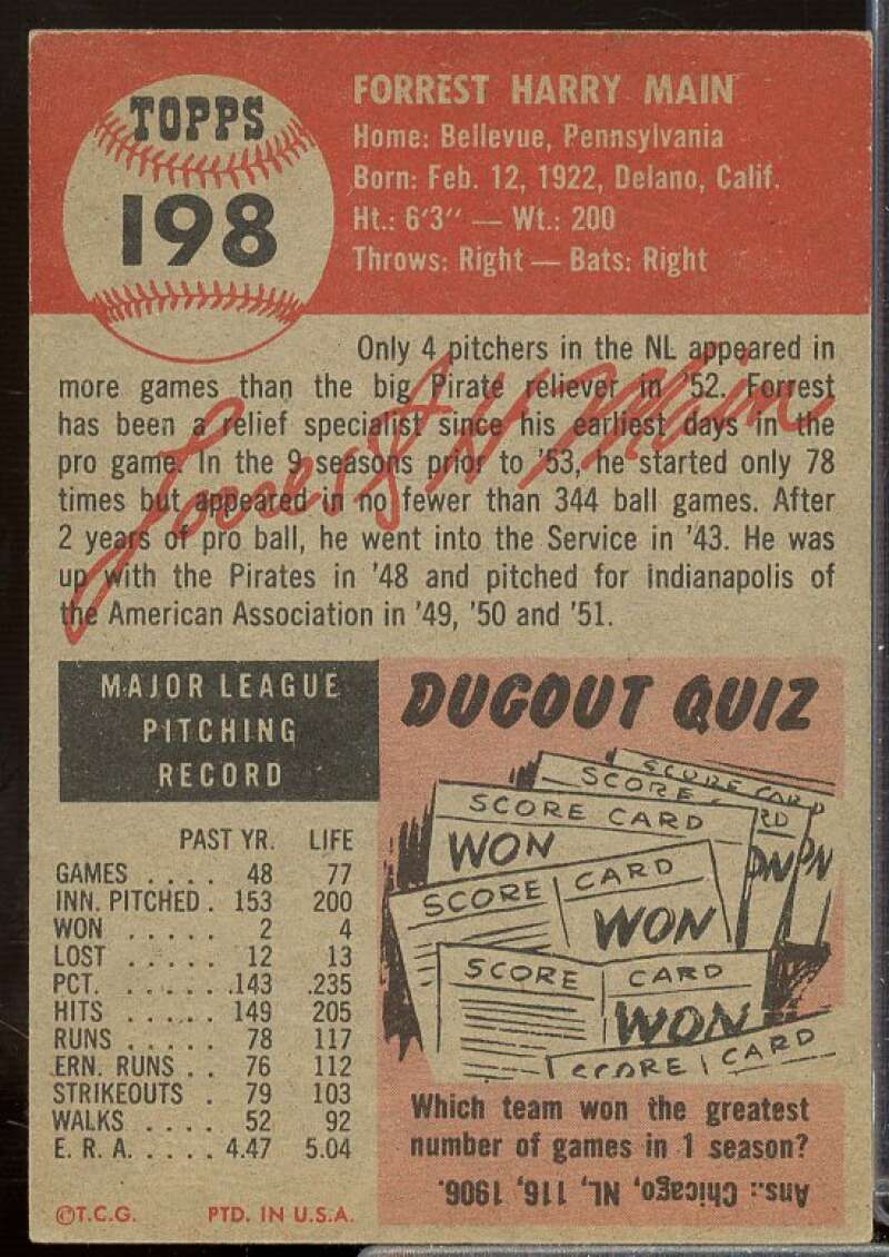 Forrest Main Card 1953 Topps #198  Image 2