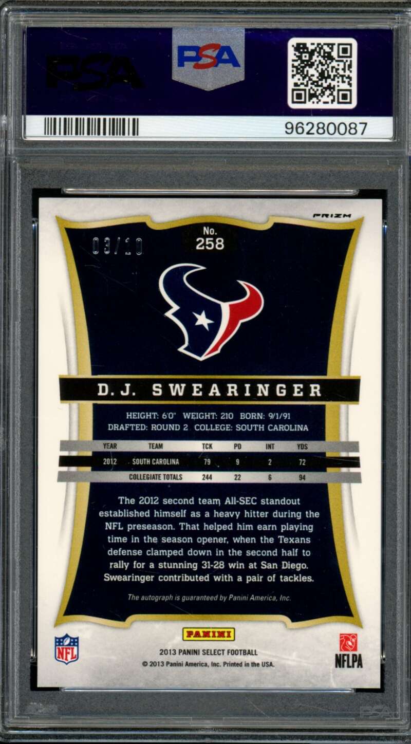 D.J. Swearinger Rookie 2013 Panini Select Autograph Gold Prizm (3/10) #258 PSA 9 Image 2