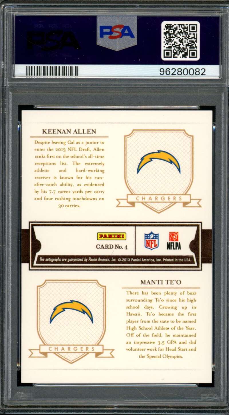 Manti Te'o/Keenan Allen Rookie Card 2013 Panini Pen Pals (pop 1) #4 PSA 10 Image 2