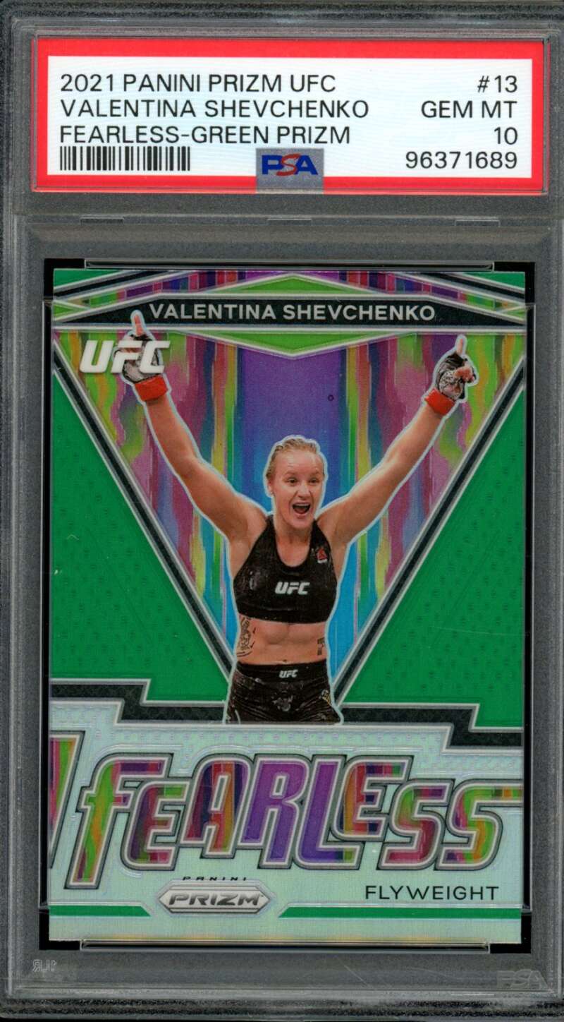 Valentina Shevchenko Card 2021 Prizm UFC Fearless Green Prizm (pop 1) #13 PSA 10 Image 1