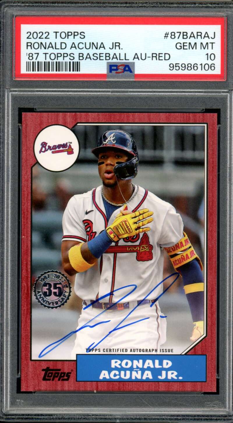 Ronald Acuna 2022 Topps 87 Topps Basball Autograph Red (13/25)(pop 1) #87 PSA 10 Image 1