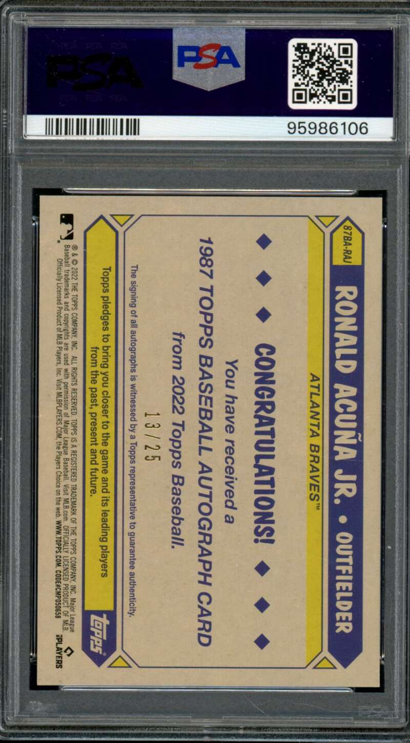 Ronald Acuna 2022 Topps 87 Topps Basball Autograph Red (13/25)(pop 1) #87 PSA 10 Image 2