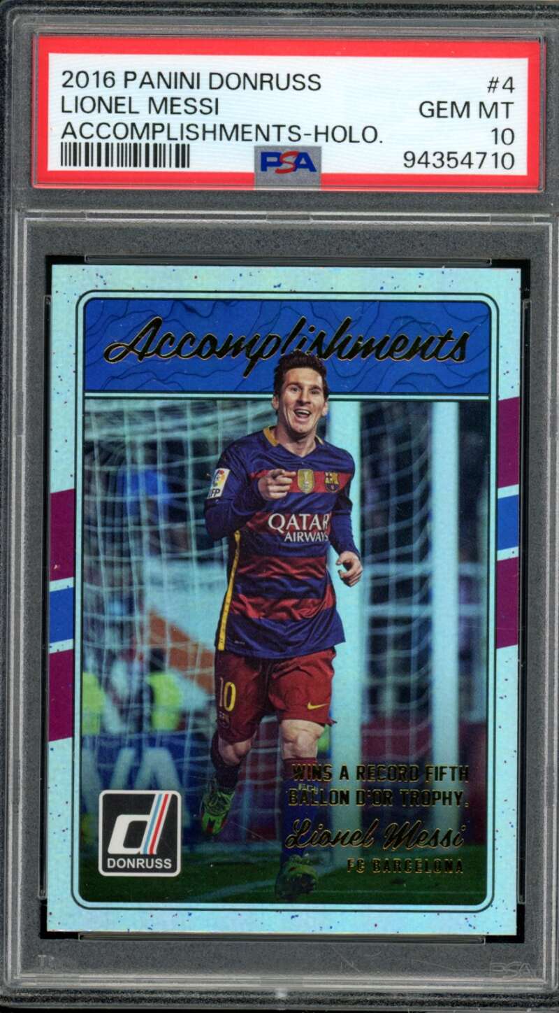 Lionel Messi Card 2016 Panini Donruss Accomplishments Holo #4 PSA 10 Image 1