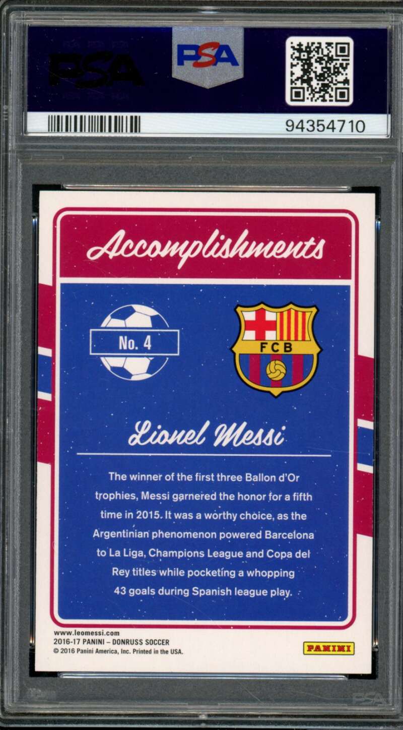 Lionel Messi Card 2016 Panini Donruss Accomplishments Holo #4 PSA 10 Image 2