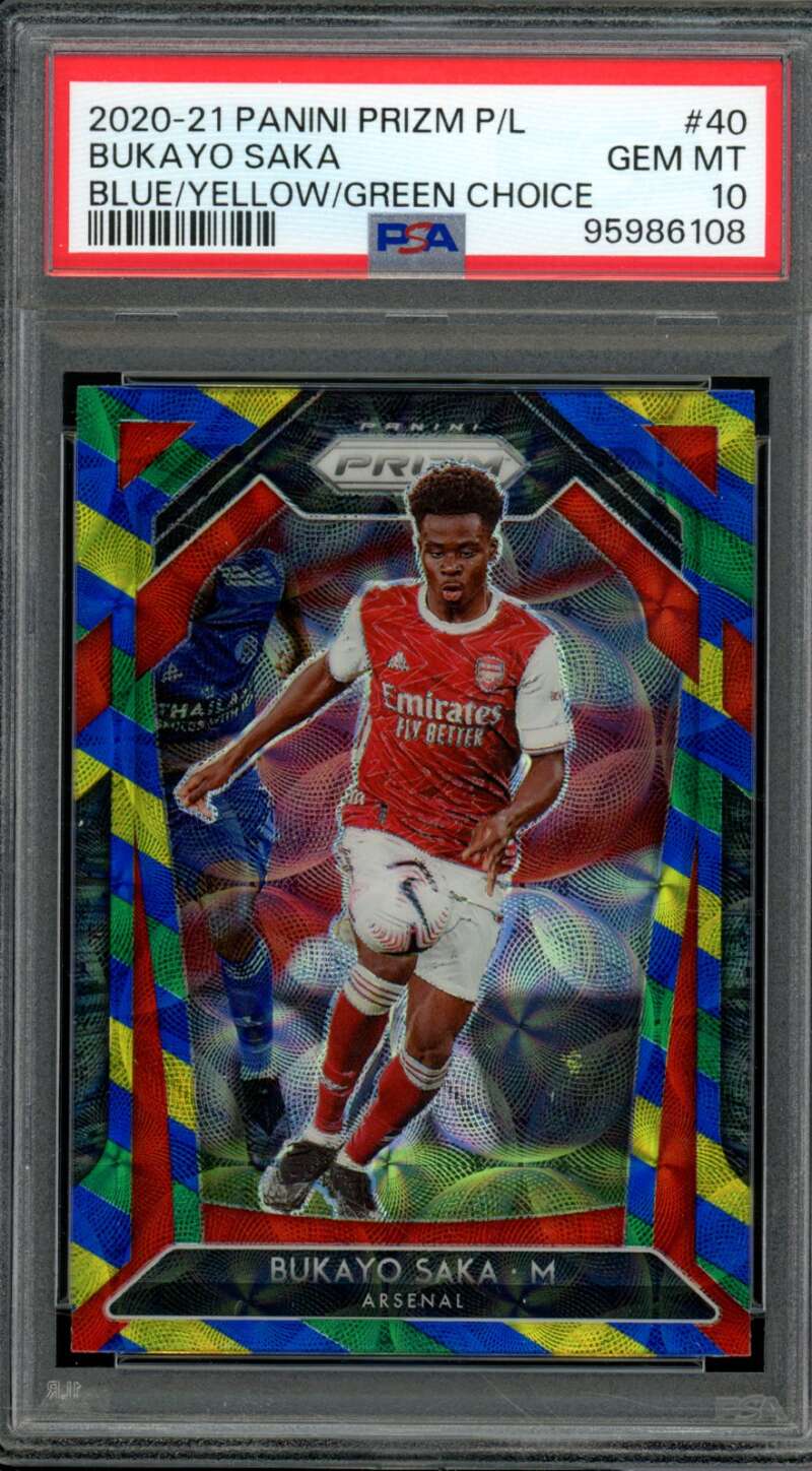 Bukayo Saka 2020-21 Panini Prizm Blue/Yellow/Green Choice (pop 8) #40 PSA 10 Image 1