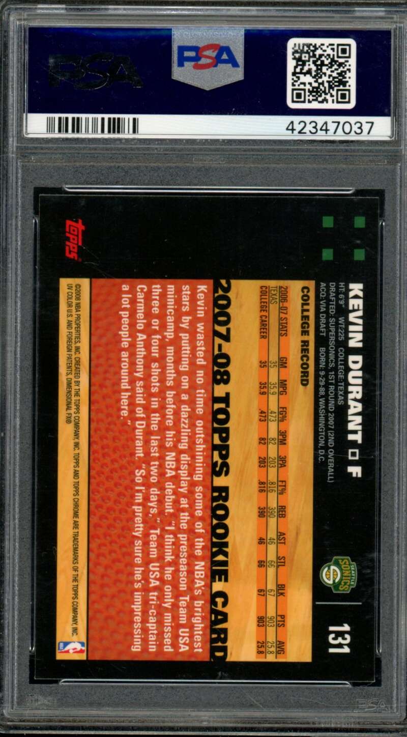 Kevin Durant Rookie Card 2007-08 Topps Chrome #131 PSA 9 Image 2