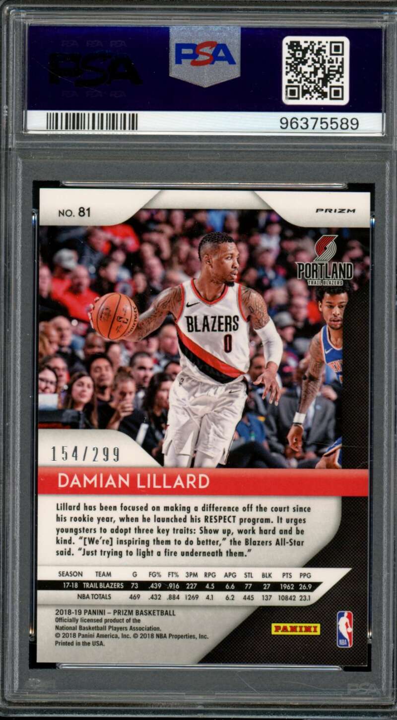 Damian Lillard Card 2018-19 Panini Prizm Red Prizm #81 PSA 10 Image 2