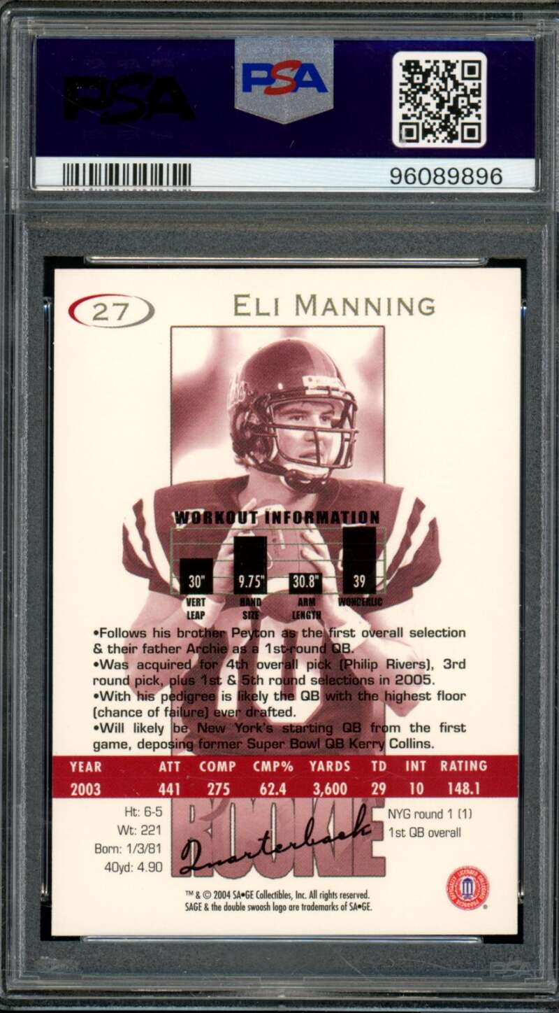 Eli Manning Rookie Card 2004 Sa-Ge #27 PSA 10 Image 2